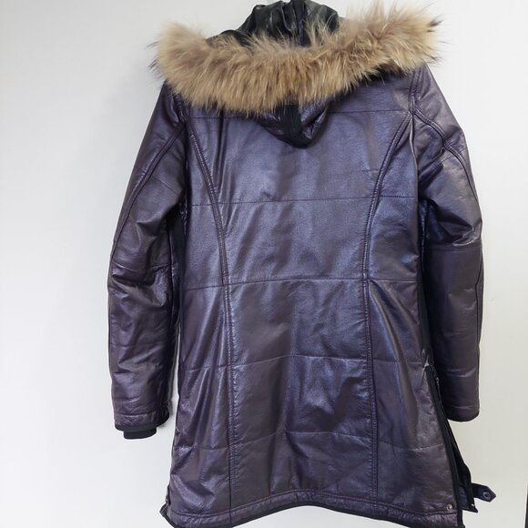 Danier Chloe Leather Fur Collar Purple Lined Jacket Coat Mid Length Sz S/8/UK12 - Picture 3 of 14